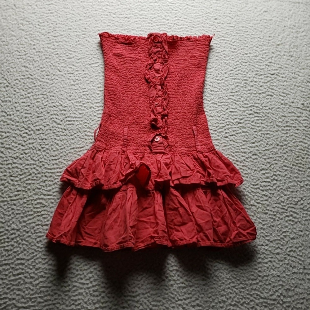 Wet Seal Dress Juniors Small Red Solid Strapless Smocked Ruffle Mini Sundress